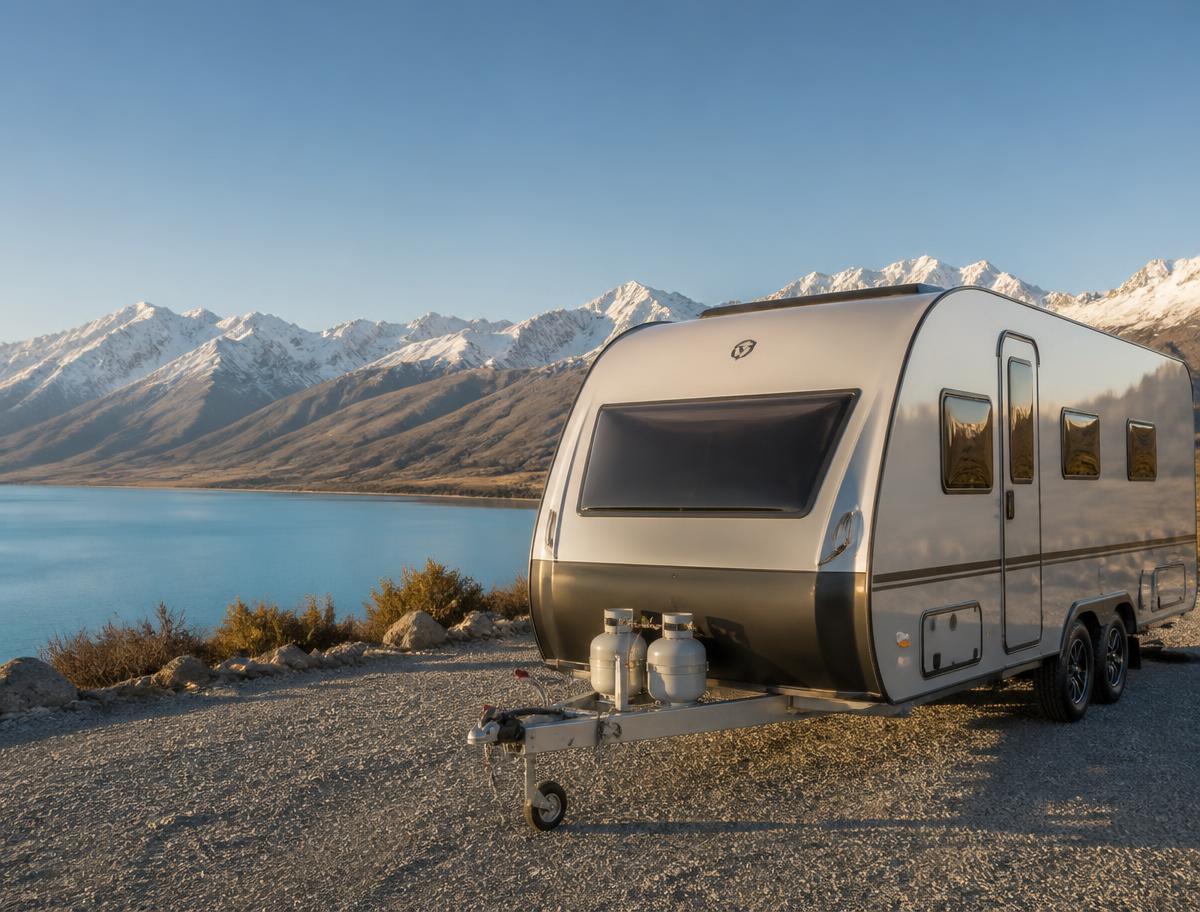 Silver caravan parked on a gravel road above Lake Tekapo with the Southern Alps behind